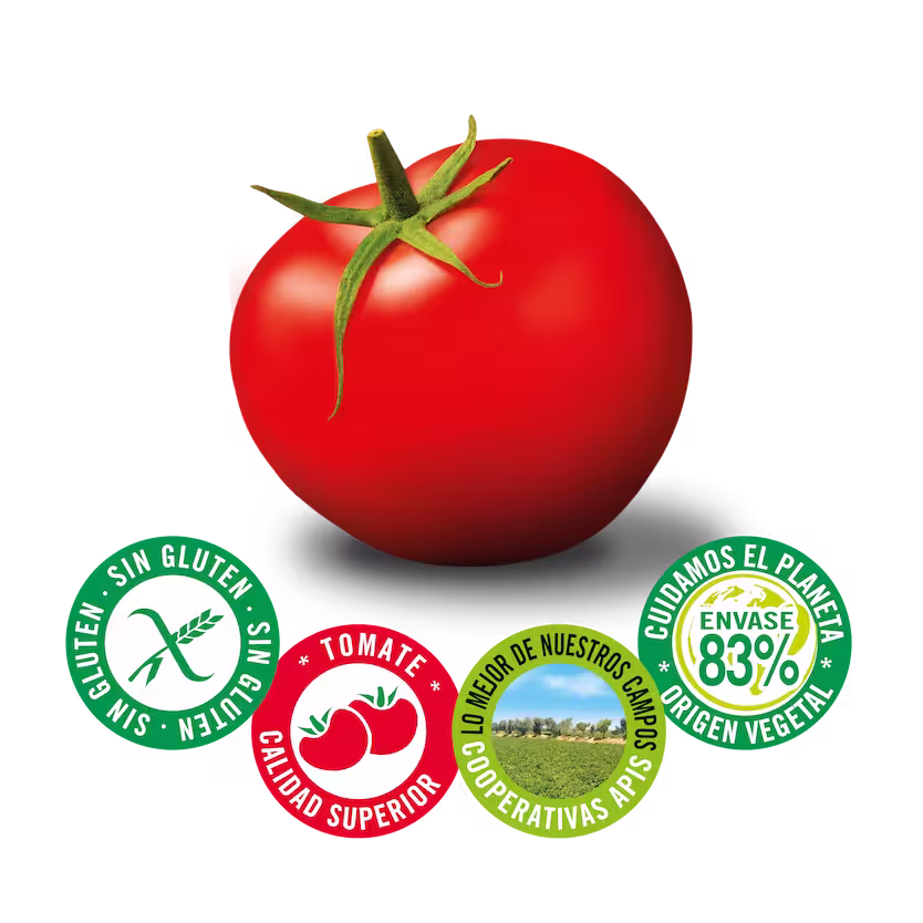 Tomate fresco con sellos de calidad: Sin Gluten, Tomate de Calidad Superior, Lo Mejor de Nuestras Cooperativas Apis Camps, y Envase 83% Origen Vegetal